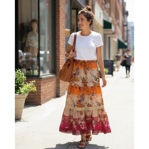 Dressbarn Maxi Skirt Women's SZ Small Multicolor Tiered Boho Rhinestones Crochet